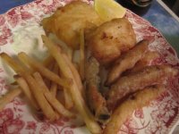 Fish, chips, fried wax beans.JPG