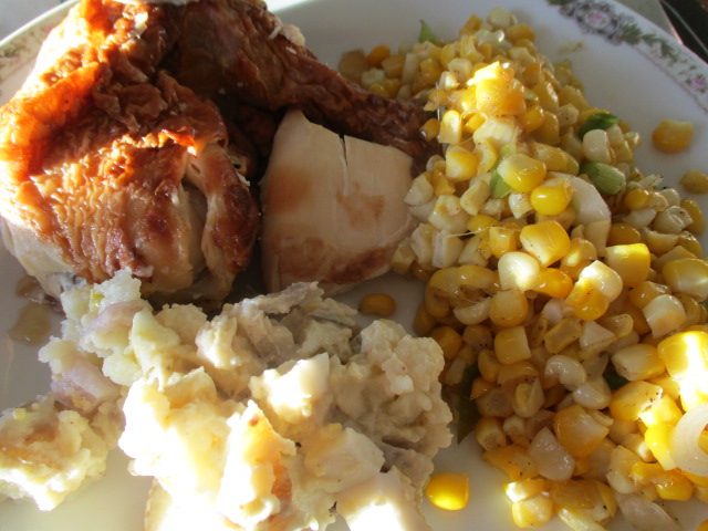 Chicken, corn, pot salad.JPG