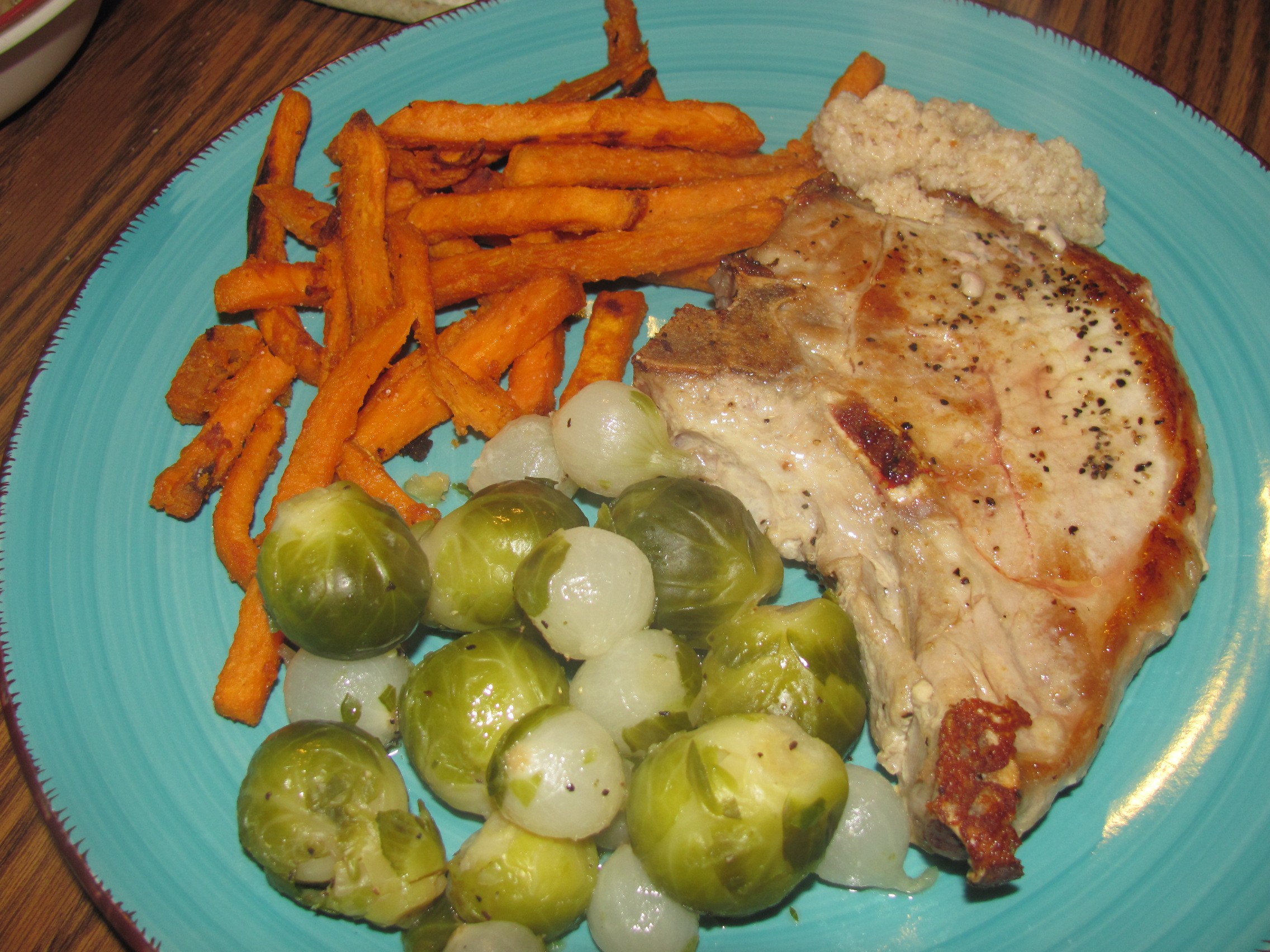 Pork Chop, Sweet Potato Fries, Steamed Brussels Sprouts and Pearls.JPG