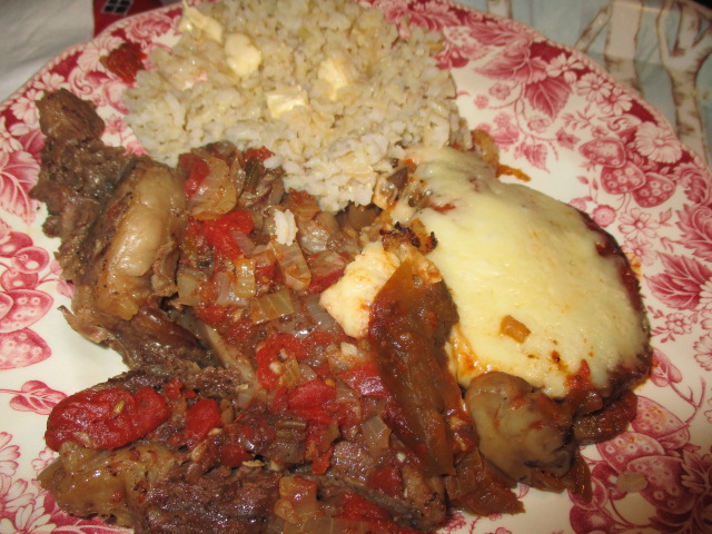 Steak pizzaiola and eggplant plated.JPG