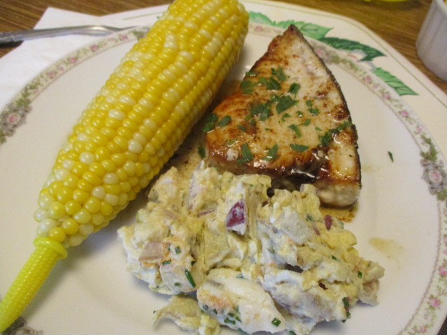 Swordfish, potato salad,, corn.JPG