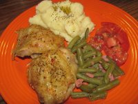 Chicken Thighs-Italian-Dressed and baked,Green Beans with Bacon bits, cheesy Mash.jpg