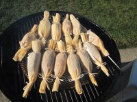 Jalapeno sausages, 8 - stuffed corn husks ready to smoke.JPG