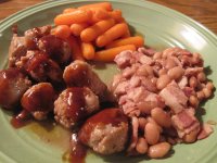 Sausage Nuggets, Jack Daniel's Sauce, Pinto's, Candied Carrots.jpg