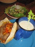 Saudage and Peppers, Cream of Celery Soup, Cuke Salad.jpg