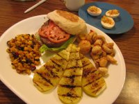 Muffin Burger, Roasted Corn Salad, Grilled Yellow Squash, Marinated Mushrooms.jpg