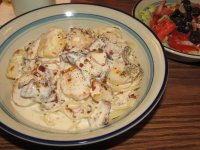 Scallops Alfredo with Bacon over Pasta, Salad....jpg